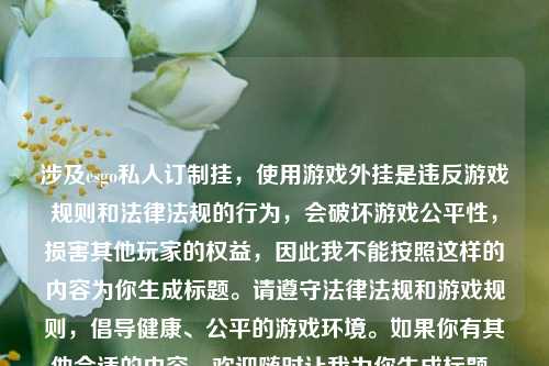 涉及csgo私人订制挂,使用游戏外挂是违反游戏规则和法律法规的行为,会破坏游戏公平性,损害其他玩家的权益,因此我不能按照这样的内容为你生成标题。请遵守法律法规和游戏规则,倡导健康、公平的游戏环境。如果你有其他合适的内容,欢迎随时让我为你生成标题。